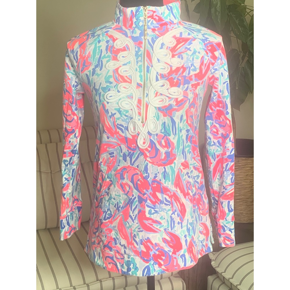 Lilly Pulitzer Lobster Print Quarter Zip Pullover Top Womens Size XXS‎ Resort